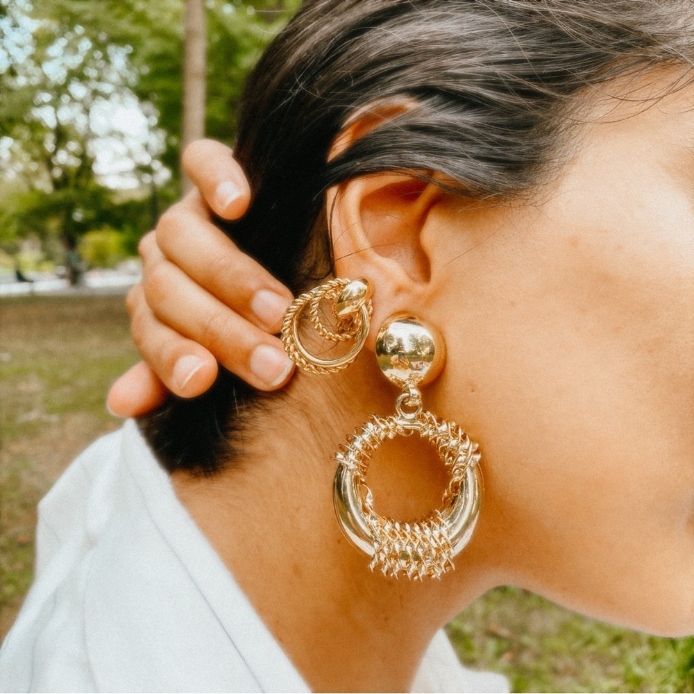 Vintage - Dangling Gold Hoop Earrings with Textured Design